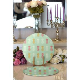 RealHomes Pastel Zemin Üzerinde Ananas Desenli Dijital Baskılı Modern 2'li Yuvarlak Servis Altlığı Supla