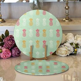 RealHomes Pastel Zemin Üzerinde Ananas Desenli Dijital Baskılı Modern 2'li Yuvarlak Servis Altlığı Supla