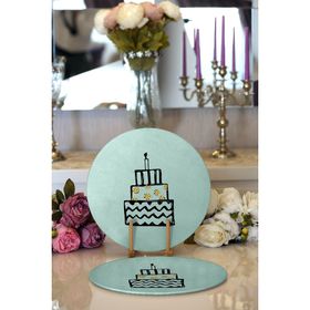 RealHomes Pastel Zemin Üzerinde Gold Detaylı Pasta Çizimli Modern 2'li Yuvarlak Servis Altlığı Supla