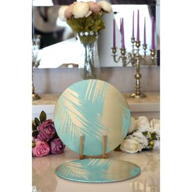 RealHomes Pastel Zemin Üzerinde Gold Detaylı Yaprak Desenli Modern 2'li Yuvarlak Servis Altlığı Supla