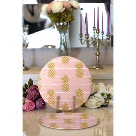 RealHomes Pastel Zemin Üzerinde Gold Renkli Anans Desenli Modern 2'li Yuvarlak Servis Altlığı Supla