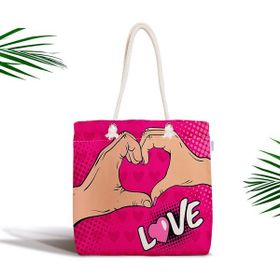 RealHomes Pembe Love Popart Tasarımlı Dijital Baskılı Fermuarlı Kumaş Çanta