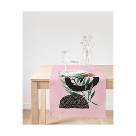 Realhomes Pembe Zemin Üzerinde Soyut Yaprak Çizimli Dekoratif Süet Runner