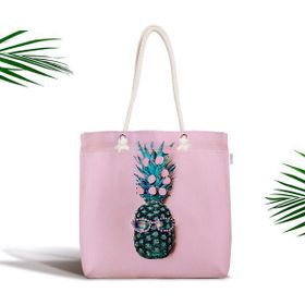 RealHomes Pembe Zeminde 3d Ananas Temalı Modern Fermuarlı Kumaş Çanta