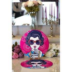 RealHomes Pembe Zeminde Havai Fişek Figürlü Gözlüklü Fashion Girl Modern 2'li Yuvarlak Servis Altlığı Supla