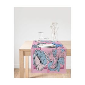 Realhomes Pembe Zeminde Mavi Zambak Motifli Dijital Baskılı Modern Süet Runner