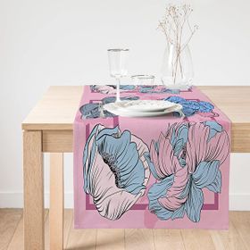 Realhomes Pembe Zeminde Mavi Zambak Motifli Dijital Baskılı Modern Süet Runner