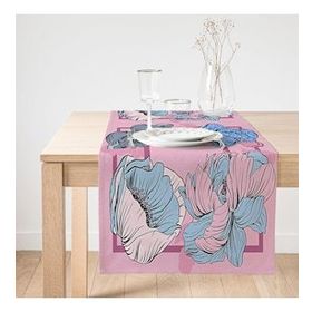 Realhomes Pembe Zeminde Mavi Zambak Motifli Dijital Baskılı Modern Süet Runner