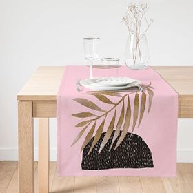 Realhomes Pembe Zeminde Soyut Çizim Ay ve Yaprak Motifli Modern Süet Runner