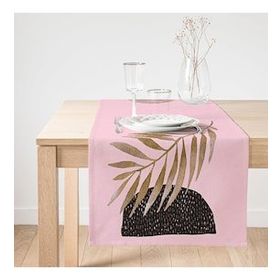 Realhomes Pembe Zeminde Soyut Çizim Ay ve Yaprak Motifli Modern Süet Runner