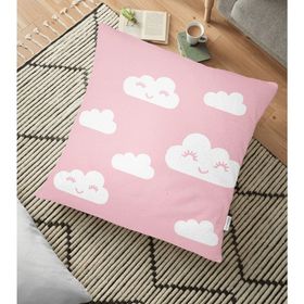 RealHomes Pembe Zeminli Bulut Desenli Dijital Baskılı 70x70 cm Yer Minderi