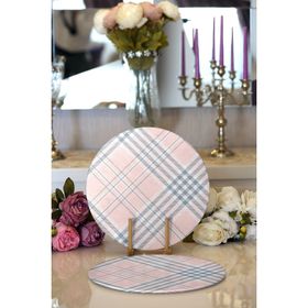 RealHomes Pembe Zeminli Ekose Desenli Özel Tasarım Modern 2 1 Yuvarlak Servis Altlığı Supla