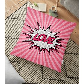 RealHomes Pembe Zeminli Love Desenli Dijital Baskılı Dekoratif 70x70 cm Yer Minderi