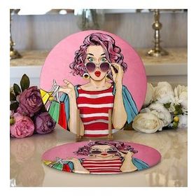 RealHomes Pembe Zeminli Popart Desenli Modern 2 1 Yuvarlak Servis Altlığı Supla