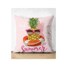 RealHomes Pembe Zeminli Summer Ananas Desenli Çift Taraflı Süet Yastık Kırlent Kılıfı