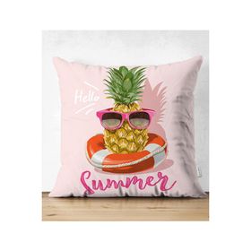 RealHomes Pembe Zeminli Summer Ananas Desenli Çift Taraflı Süet Yastık Kırlent Kılıfı