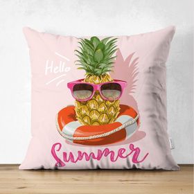 RealHomes Pembe Zeminli Summer Ananas Desenli Çift Taraflı Süet Yastık Kırlent Kılıfı
