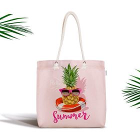 RealHomes Pembe Zeminli Summer Ananas Desenli Fermuarlı Kumaş Çanta