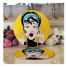 RealHomes Pop Art Resimli Dijital Baskılı Modern 2 1 Yuvarlak Servis Altlığı Supla