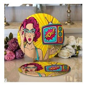 RealHomes Pop Art Wow Desenli Özel Tasarım Modern 2 1 Yuvarlak Servis Altlığı Supla