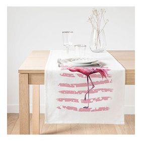 Realhomes Pudra Çizgi Desenli Flamingo BAskılı Dekoratif Süet Runner