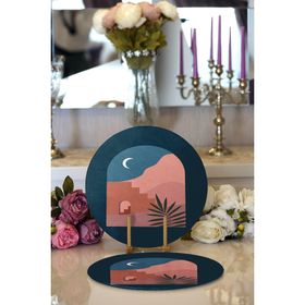RealHomes Renkli Zemin Üzerinde Pastel Renkli Yaprak Desenli Modern 2'li Yuvarlak Servis Altlığı Supla