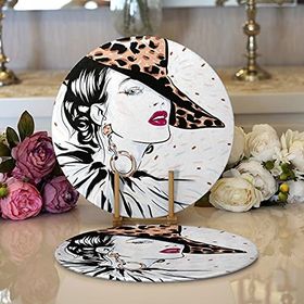 RealHomes Şapkalı Fashion Girl Desenli Modern 2 1 Yuvarlak Servis Altlığı Supla