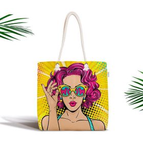 RealHomes Sarı Zeminli Pop Art Girl Desenli Fermuarlı Modern Kumaş Çanta