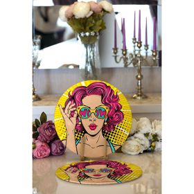 RealHomes Sarı Zeminli Pop Art Girl Desenli Modern 2 1 Yuvarlak Servis Altlığı Supla