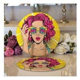 RealHomes Sarı Zeminli Pop Art Girl Desenli Modern 2 1 Yuvarlak Servis Altlığı Supla