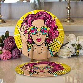 RealHomes Sarı Zeminli Pop Art Girl Desenli Modern 2 1 Yuvarlak Servis Altlığı Supla