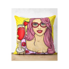 RealHomes Sarı Zeminli Popart Girl Desenli Çift Taraflı Dekoratif Süet Yastık Kırlent Kılıfı