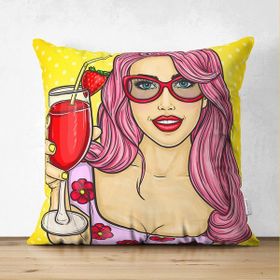 RealHomes Sarı Zeminli Popart Girl Desenli Çift Taraflı Dekoratif Süet Yastık Kırlent Kılıfı
