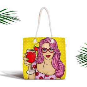 RealHomes Sarı Zeminli Popart Girl Desenli Fermuarlı Modern Kumaş Çanta