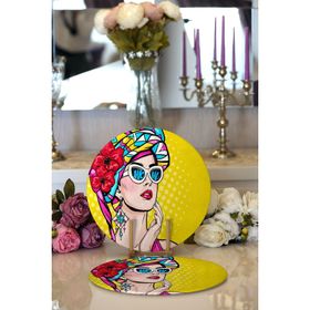 RealHomes Sarı Zeminli Summer Popart Tasarımlı Modern 2 1 Yuvarlak Servis Altlığı Supla
