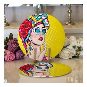 RealHomes Sarı Zeminli Summer Popart Tasarımlı Modern 2 1 Yuvarlak Servis Altlığı Supla