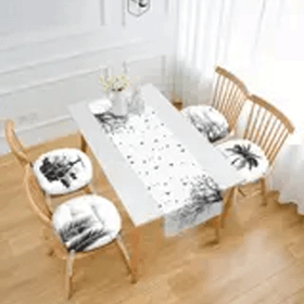 RealHomes Siyah Beyaz Ağaç Tasarımlı Dijital Baskılı 4 Yuvarlak Pofidik Sandalye Minderi ve 1 Runner Seti