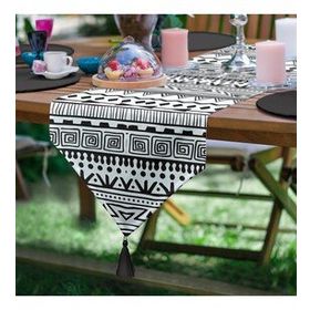 Realhomes Siyah Beyaz Dekoratif African Motifli Modern Özel Tasarım Püsküllü Şönil Üçgen Runner