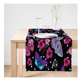 Realhomes Siyah Zeminde Butterfly Dijital Baskılı Modern Süet Runner