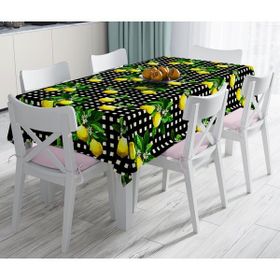 RealHomes Siyah Zeminde Ekose Desenli Limon Baskılı Dekoratif Leke Tutmaz 140x260 cm Masa Örtüsü