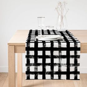 Realhomes Siyah Zeminde Geometrik Kare Motifli Dekoratif Süet Runner