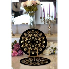 RealHomes Siyah Zeminde Gold Mandala Motifli Modern 2 1 Yuvarlak Servis Altlığı Supla