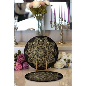 RealHomes Siyah Zeminde Gold Mandala Motifli Modern 2 1 Yuvarlak Servis Altlığı Supla
