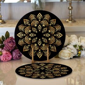 RealHomes Siyah Zeminde Gold Mandala Motifli Modern 2 1 Yuvarlak Servis Altlığı Supla