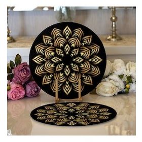 RealHomes Siyah Zeminde Gold Mandala Motifli Modern 2 1 Yuvarlak Servis Altlığı Supla