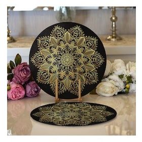 RealHomes Siyah Zeminde Gold Mandala Motifli Modern 2 1 Yuvarlak Servis Altlığı Supla