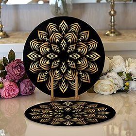 RealHomes Siyah Zeminde Gold Mandala Motifli Modern 2 1 Yuvarlak Servis Altlığı Supla