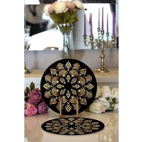 RealHomes Siyah Zeminde Gold Mandala Motifli Modern 2 1 Yuvarlak Servis Altlığı Supla