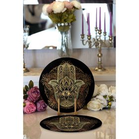 RealHomes Siyah Zeminde Mandala İçinde Gold Fâtımâ'nın Eli Motifli Modern 2'li Yuvarlak Servis Altlığı Supla