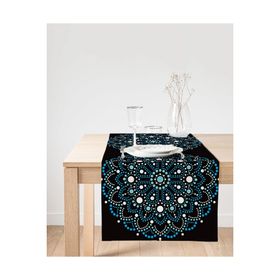 Realhomes Siyah Zeminde Mavi Boncuklu Mandala Dekoratif Süet Runner